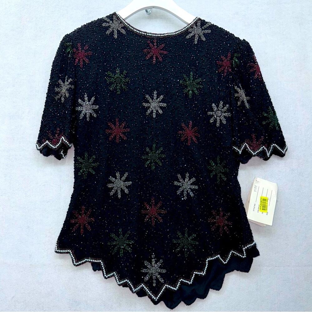 NWT Vintage Women’s Laurence Kazar Beaded Blouse size M Black 100% silk